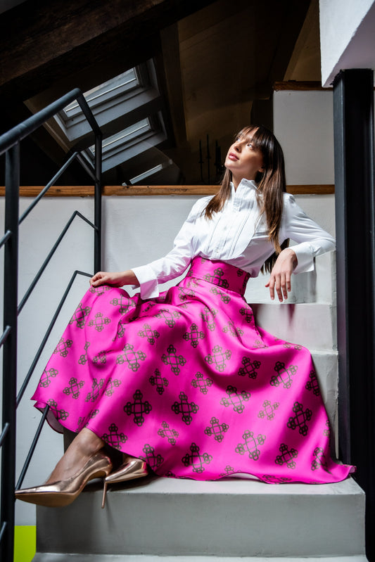 Gonna Valentina Catene Tessuto Douchesse Fuxia