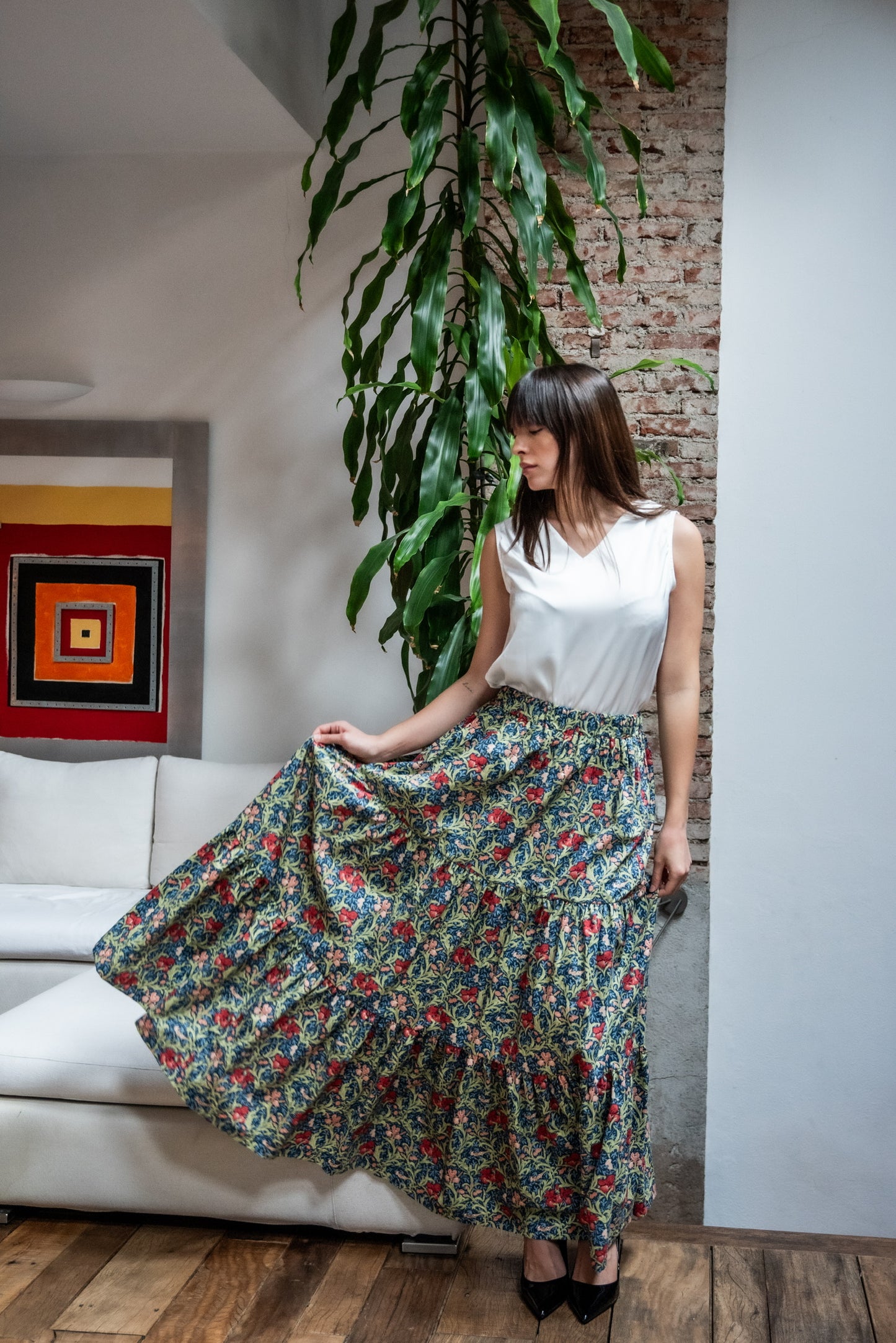 Gonna Franci Cotone a fiori fondo verde