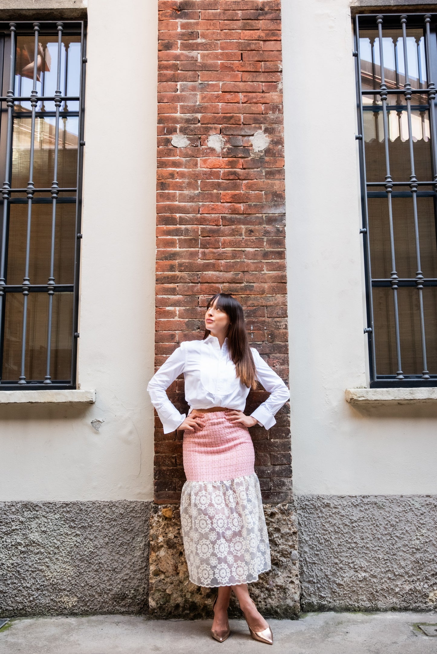 Gonna Kiki lunga in tweed rosa con Balza organza ricamata