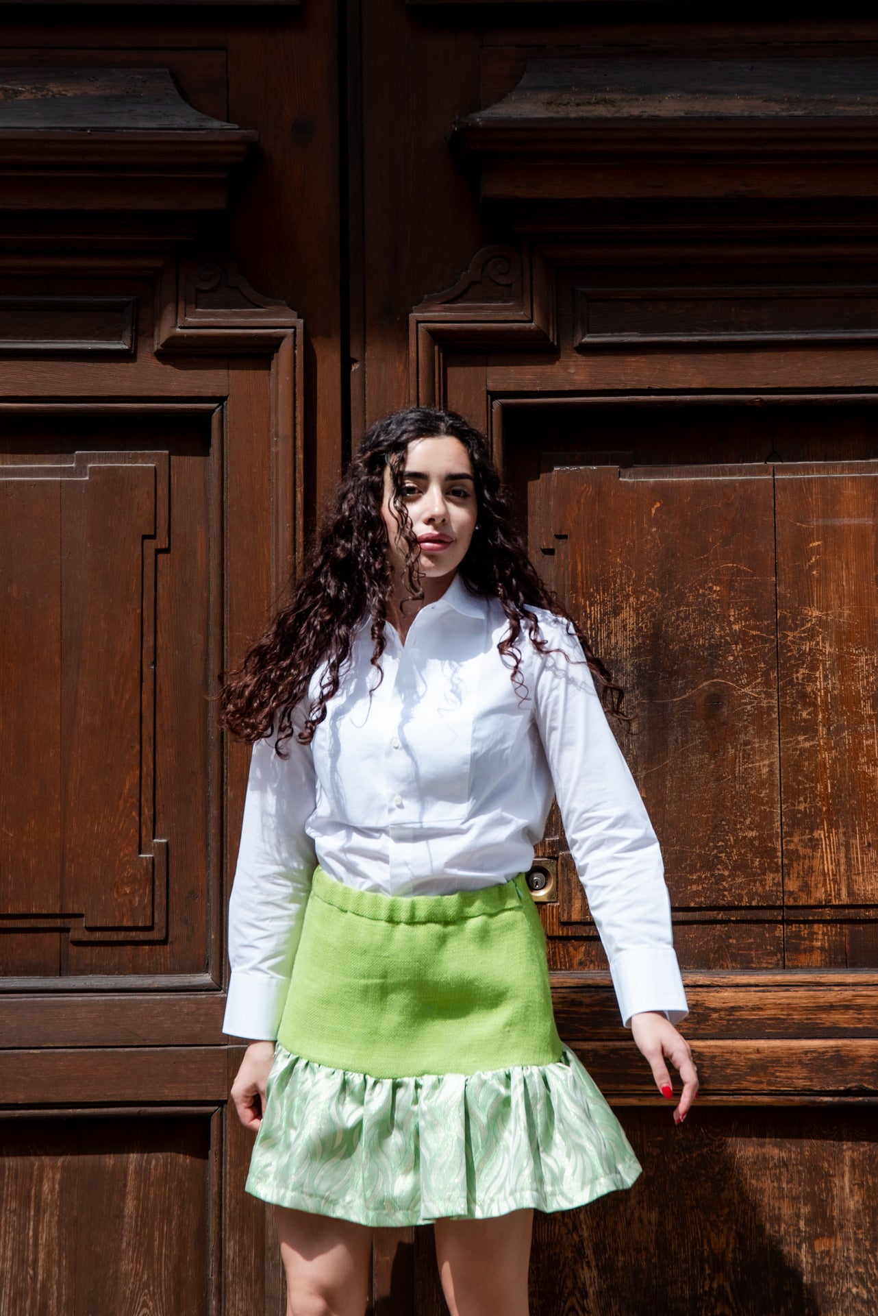 Gonna Kiki in tessuto JUTA con Balza in Broccato verde